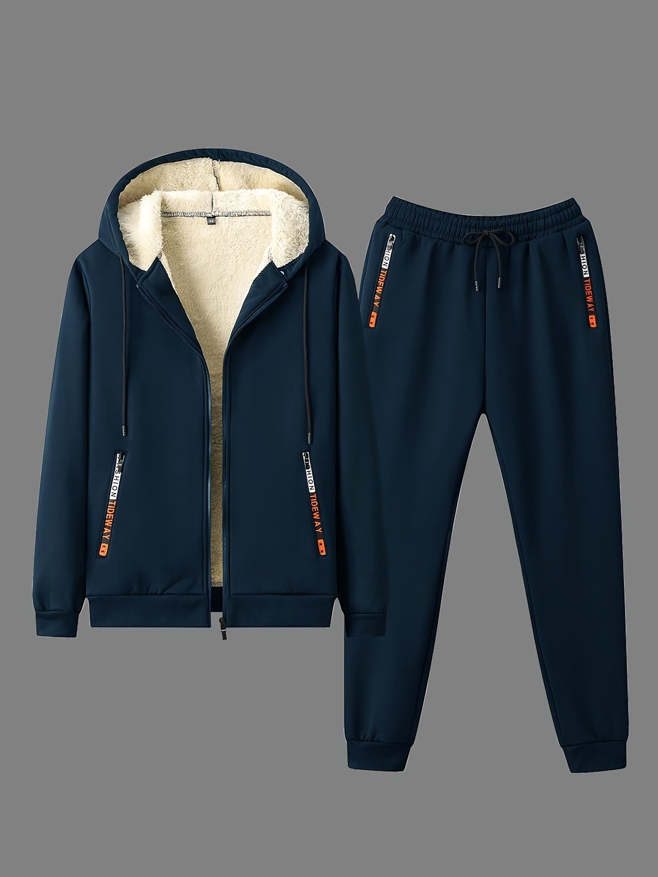 Men's 2-piece fleece lined tracksuit set for gym and running, featuring a full-zip hoodie and jogging pants.