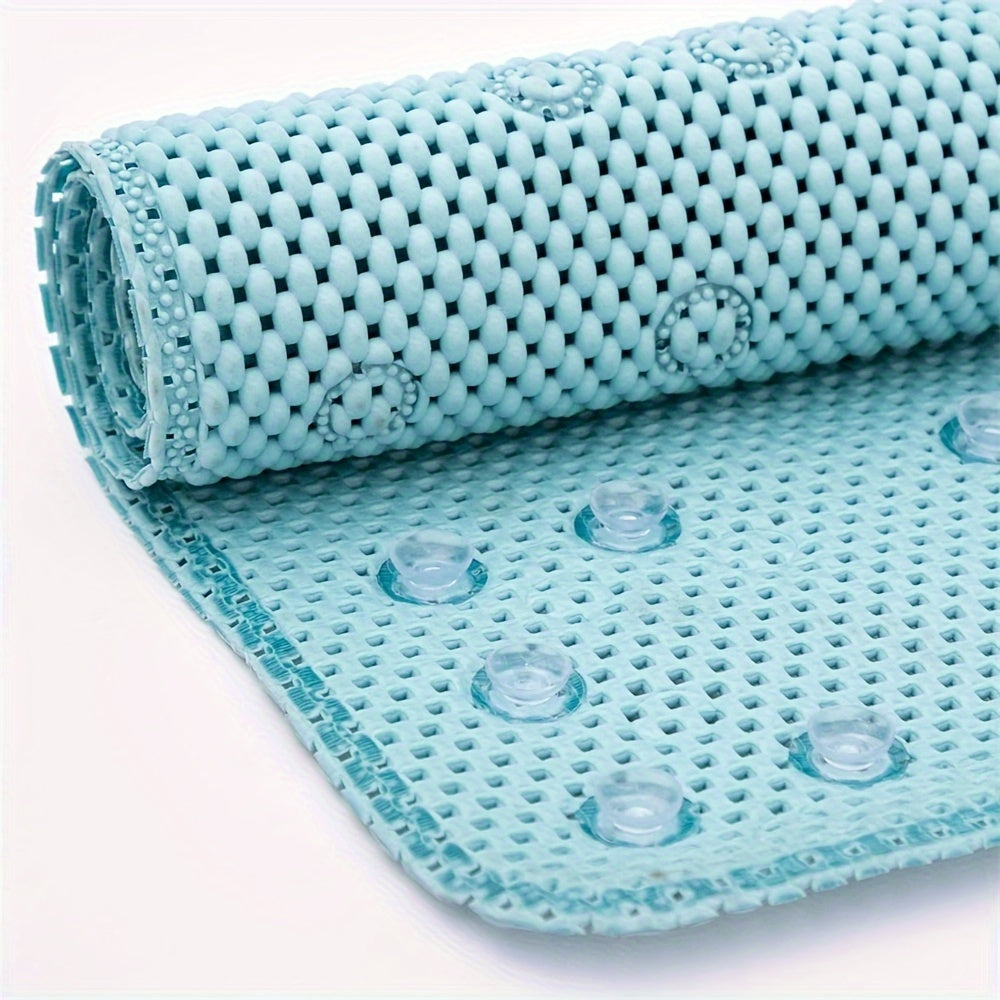 Non-slip bath tub mat made of soft foam with suction cups for pet-friendly use. Features an Americana style design with drain holes for slip-resistance. Easy to clean as it is machine washable. Made of a blend of ivory polyester and plastic, it fits