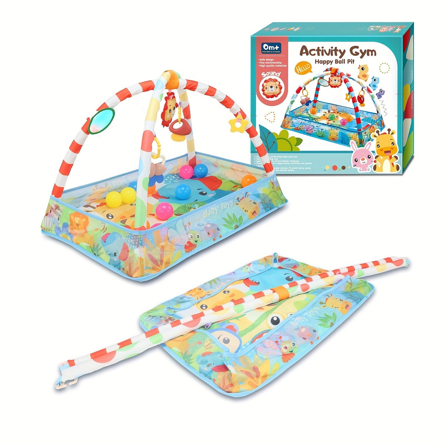 Colorful home play mat featuring an activity gym, ball pit, and sensory playmat. Safe and durable construction for endless hours of play.