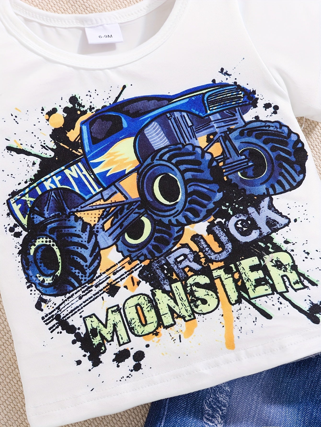 Boys' Off-road Car Print T-shirt + Denim Print Shorts Set for Outdoor Fun.