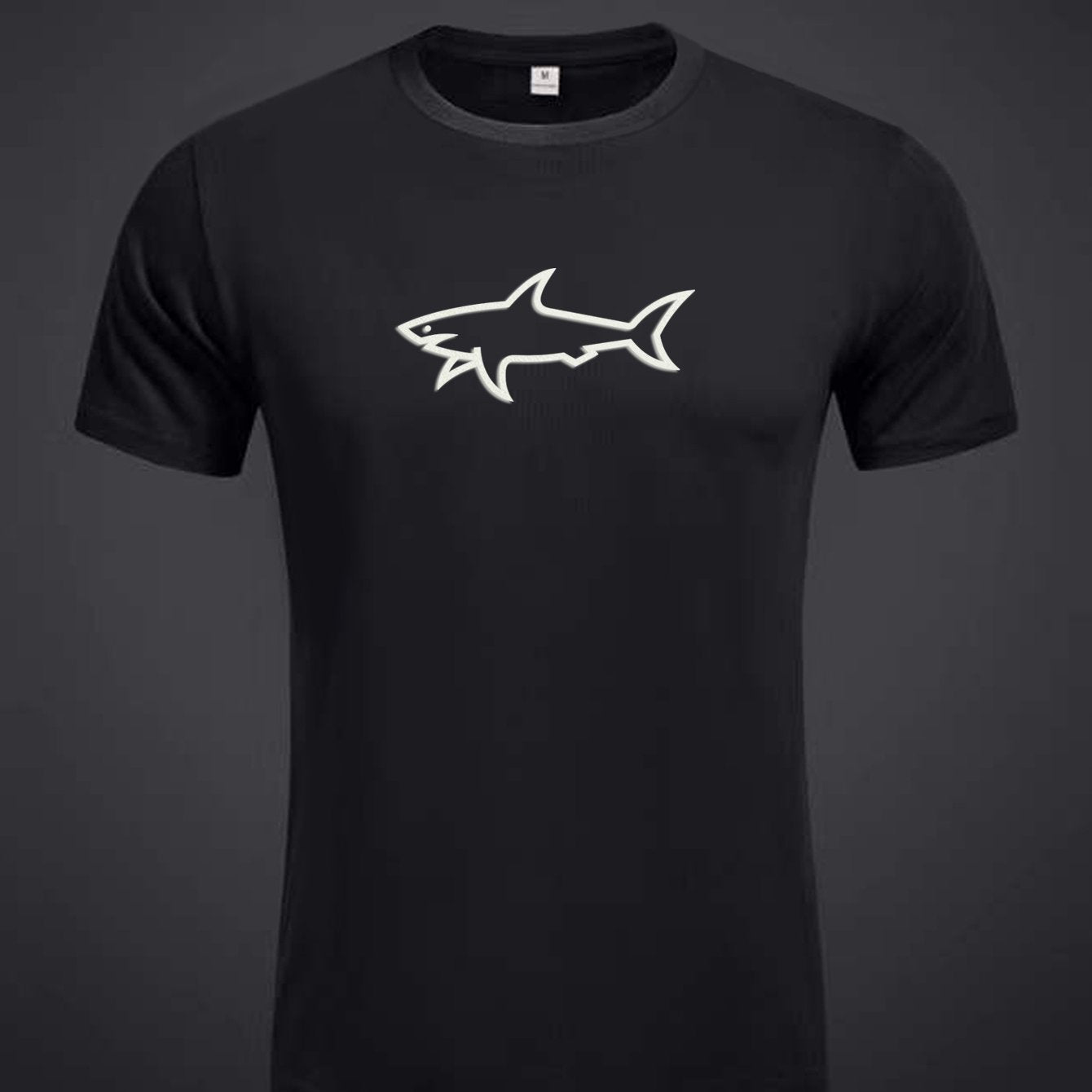 100% Cotton Men's T-Shirt with Shark Graphic, Crew Neck Short Sleeve Tee, Flocking Print, Summer Fabric Top