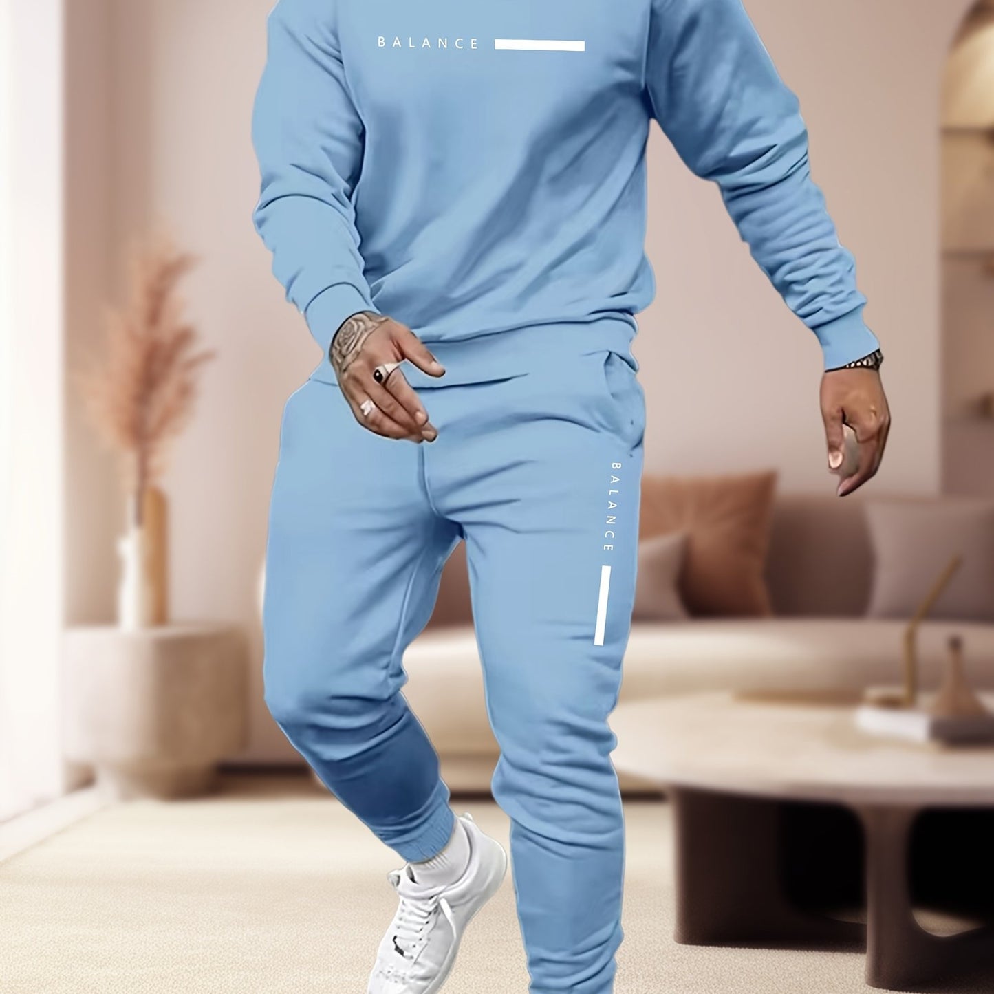 Men's casual 2-piece set: Polyester sweatshirt & joggers with unique print design, machine washable, round neck, and pockets.