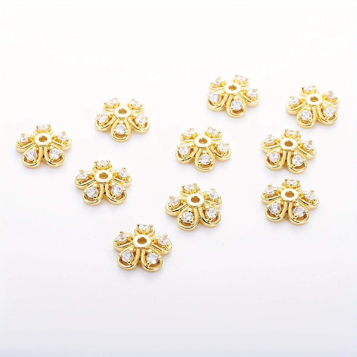 Brass Flower Bead Caps with Synthetic Cubic Zircons - Set of 20 pieces in a bag, including 10mm, 8mm, and 6mm sizes. Perfect for creating stunning jewelry pieces.