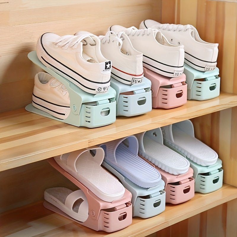 Space-saving double-layer shoe rack with adjustable storage box, ideal for organizing closets. Can hold sneakers, slippers, and flip-flops. Features ventilation for keeping shoes fresh. Comes in 1, 5, 10, 15, and 20 piece sets.