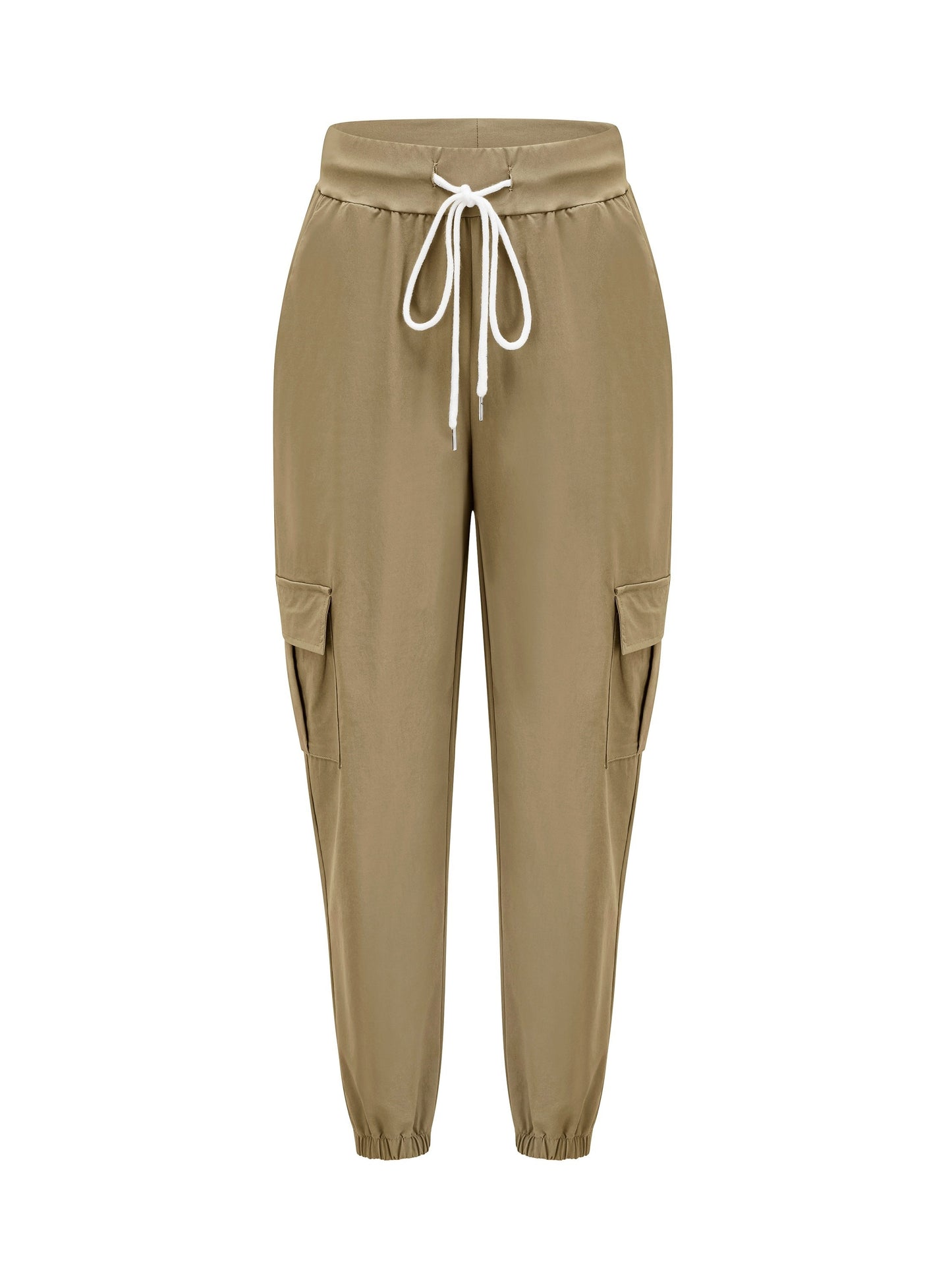 Women's casual cargo pants made of polyester with a drawstring waist.