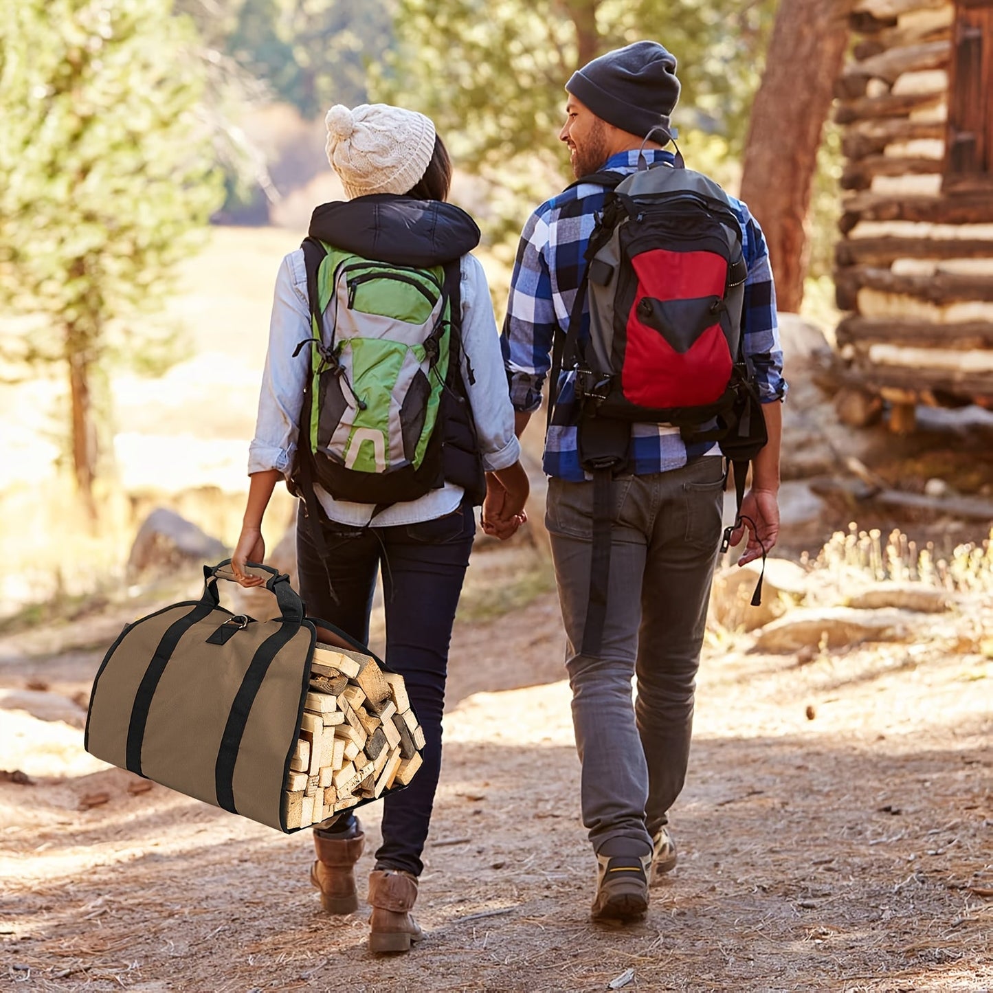 Canvas log carrier bag, ideal for transporting firewood and accessories for fireplace or stove. Features extra-large capacity, durable wood tote design, and heavy-duty canvas construction. Includes handles and security strap for easy carrying. Perfect