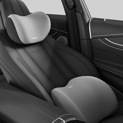 1 set of ergonomic memory foam car headrest and lumbar pillow for ultimate comfort and support for driver's backrest with adjustable design.