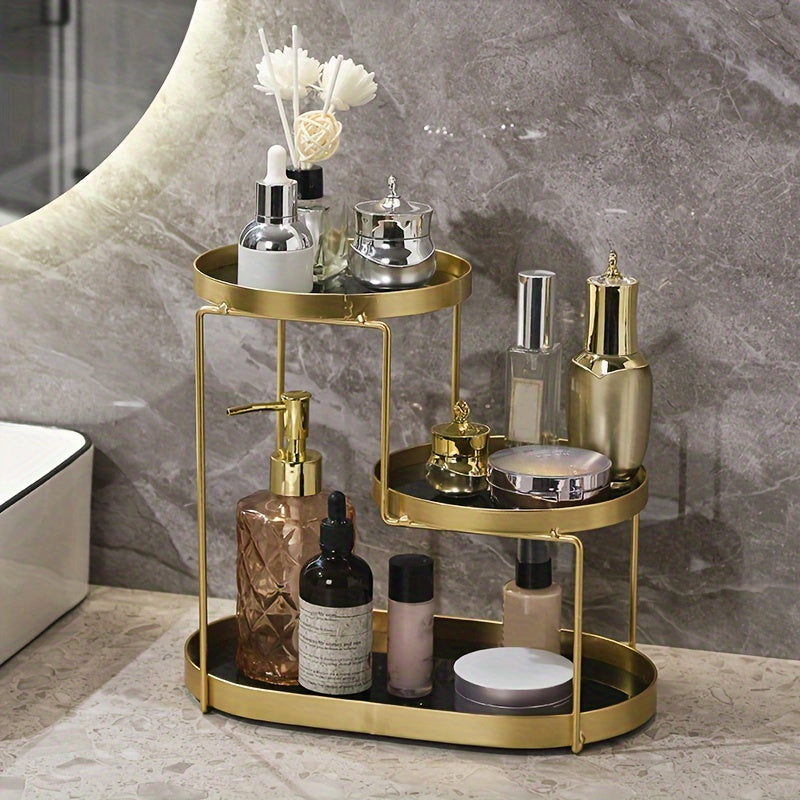 Luxury golden metal cosmetic organizer with 3 tiers, marble pattern, for vanity or bathroom use.