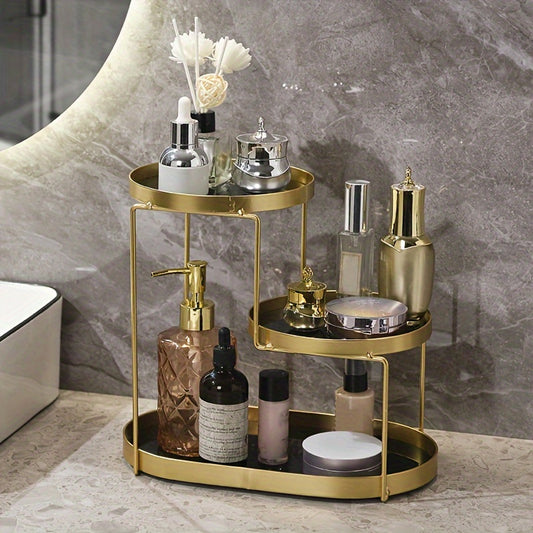 Luxury golden metal cosmetic organizer with 3 tiers, marble pattern, for vanity or bathroom use.