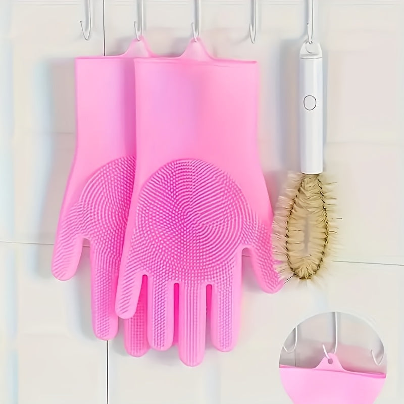 Get two durable and waterproof silicone dishwashing gloves in pink and blue colors. These ambidextrous gloves are BPA and lead-free, making them safe for use in the kitchen, bathroom, outdoors, and even in your car. They are wear-resistant and perfect