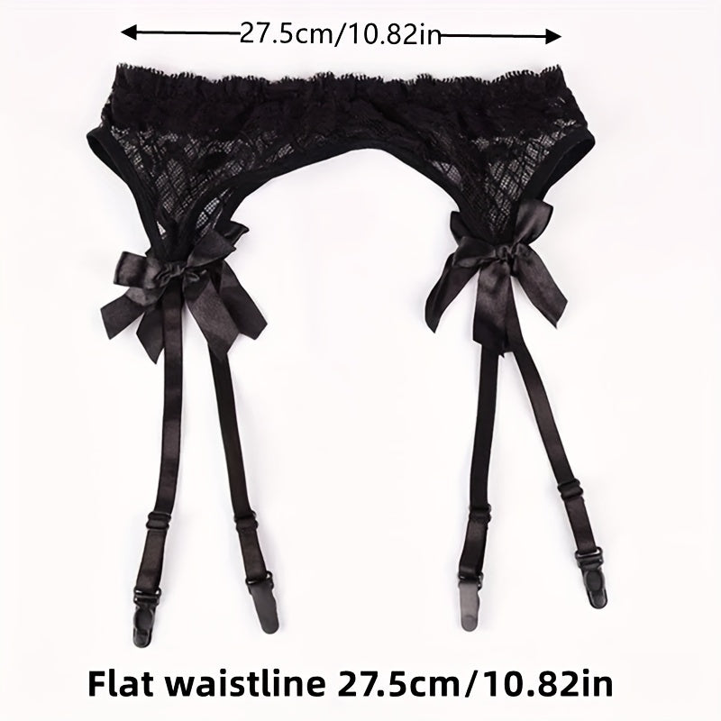 Stylish lace garter belts with clips and mesh suspenders for thigh-high stockings, featuring cute bow detail in solid colors.