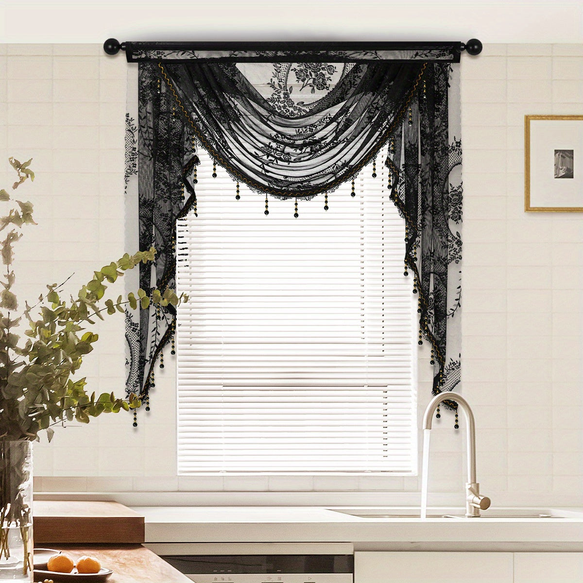 This European style wave curtain features a beautiful black lace valance with a flower pattern. The short curtain is designed with a rod pocket, making it suitable for windows and doors. Add a touch of elegance to your living room with this decorative