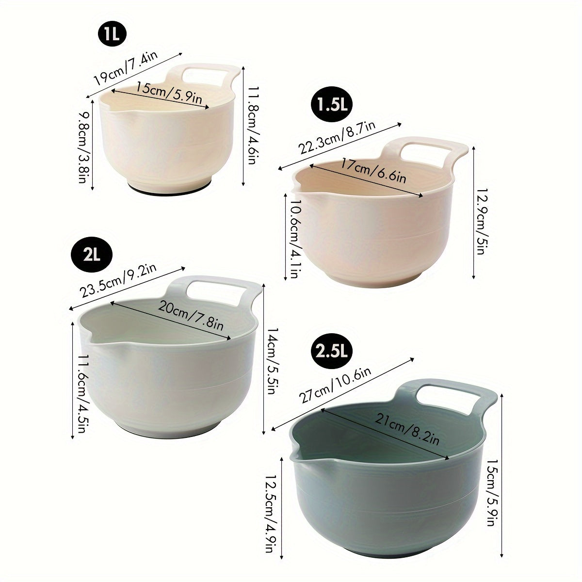 Set of 4 Plastic Mixing Bowls including Non-Slip Salad Bowl, Baking Prep Bowls, Multi-purpose Rinse Bowls. Kitchen Essentials in Various Sizes (1.1L/1.5L/2L/2.5L) that are Easy To Clean.