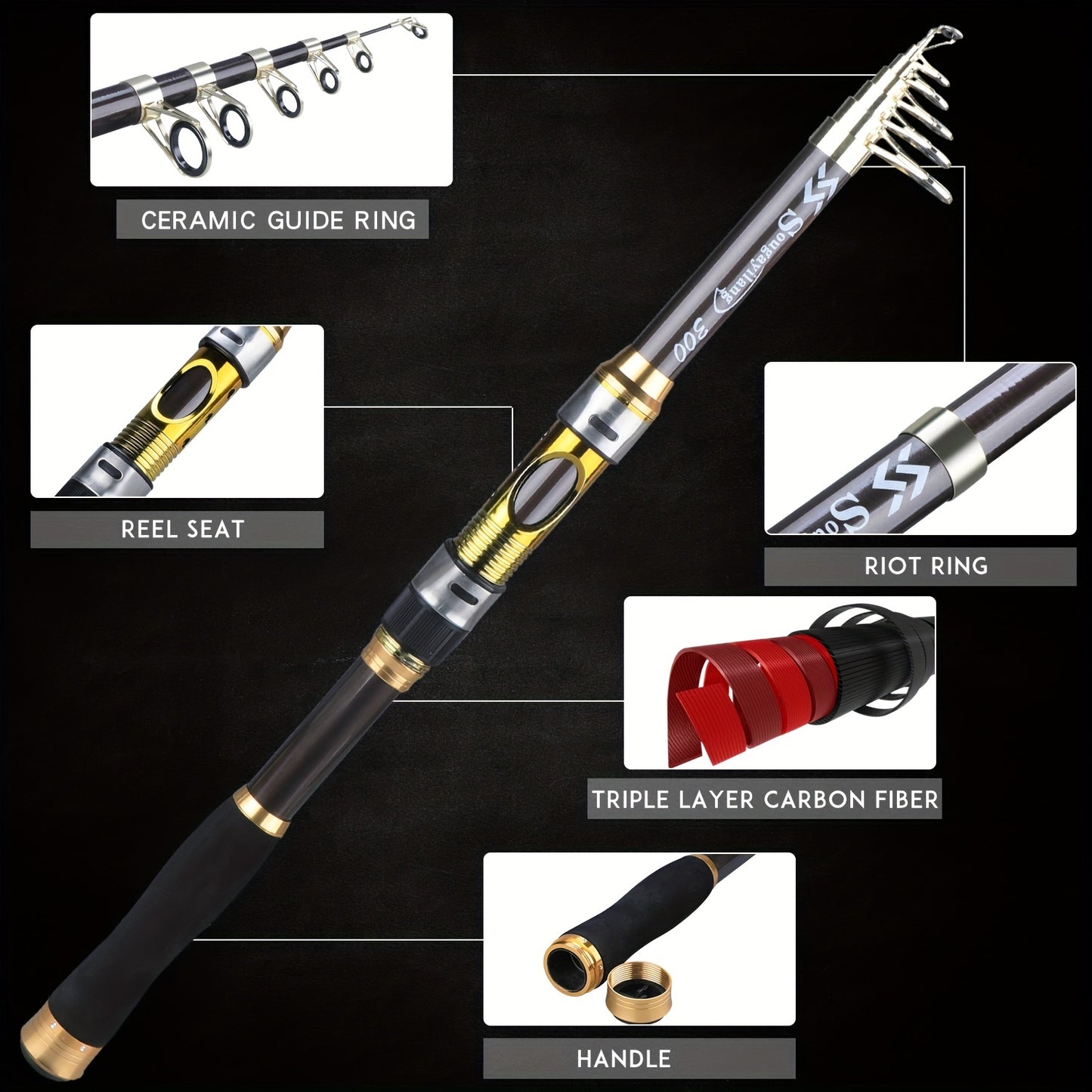 Sougayilang Telescopic Spinning Fishing Rod, 207.87cm to 294.74cm, Golden Carbon Fiber, Medium Action, Freshwater & Saltwater.