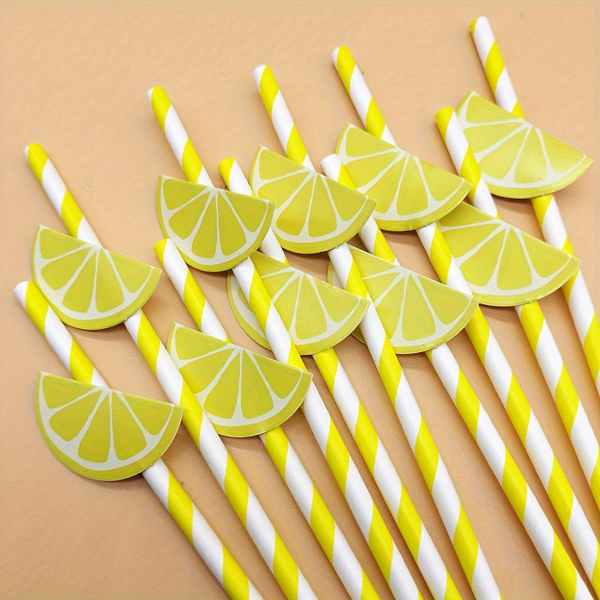 Pack of 10 Lemon Slice Paper Straws, Fun and Eco-Friendly Party Decor, Striped in Yellow and White, Bio-degradable Table Settings