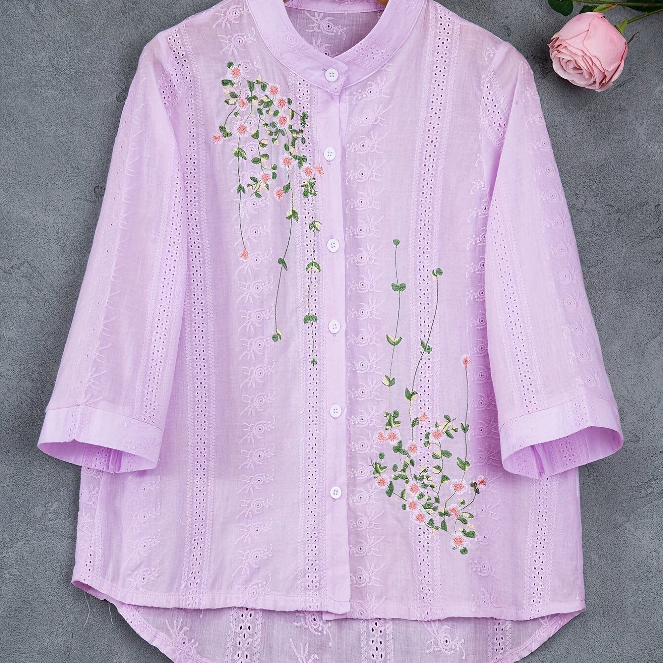 Women's embroidered stand collar polyester shirt, 100gsm woven fabric for spring/summer season, adult fashion blouse.