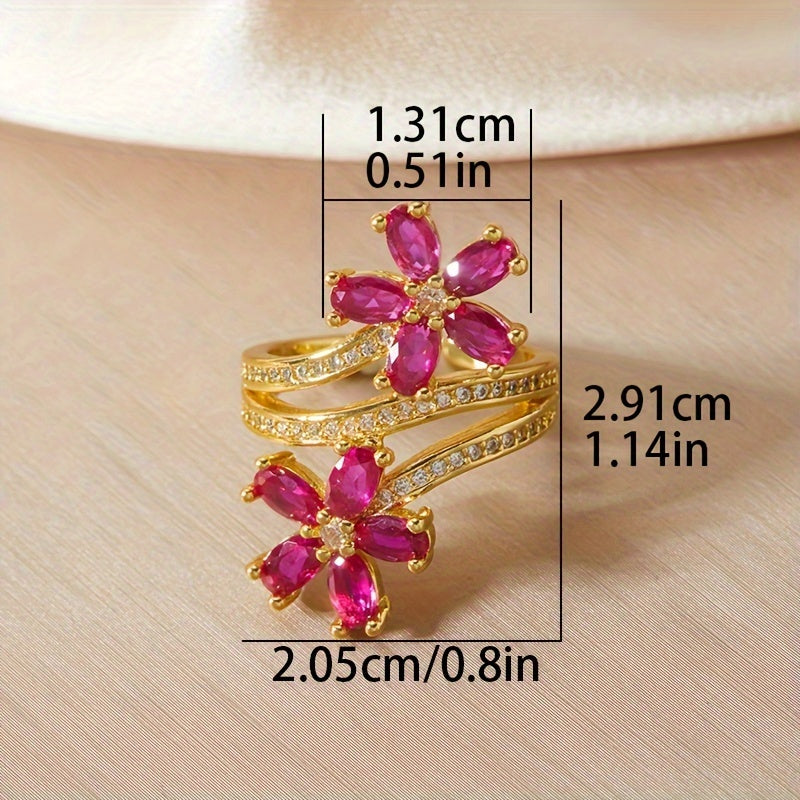 [Customer Favorite] Beautiful Red Floral Ring with Adjustable Band and Sparkling Cubic Zirconia - Premium Copper Band Ideal for Engagements and Weddings Year-round