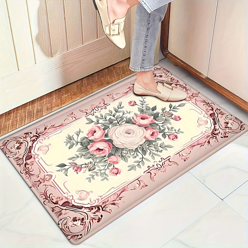 French Country Floral Mat - This decorative absorbent mat is perfect for kitchen, bath, and living room use. The machine washable rug features a non-slip PVC backing and is made from polyester. The woven 600gsm rectangle mat is ideal for entryways and