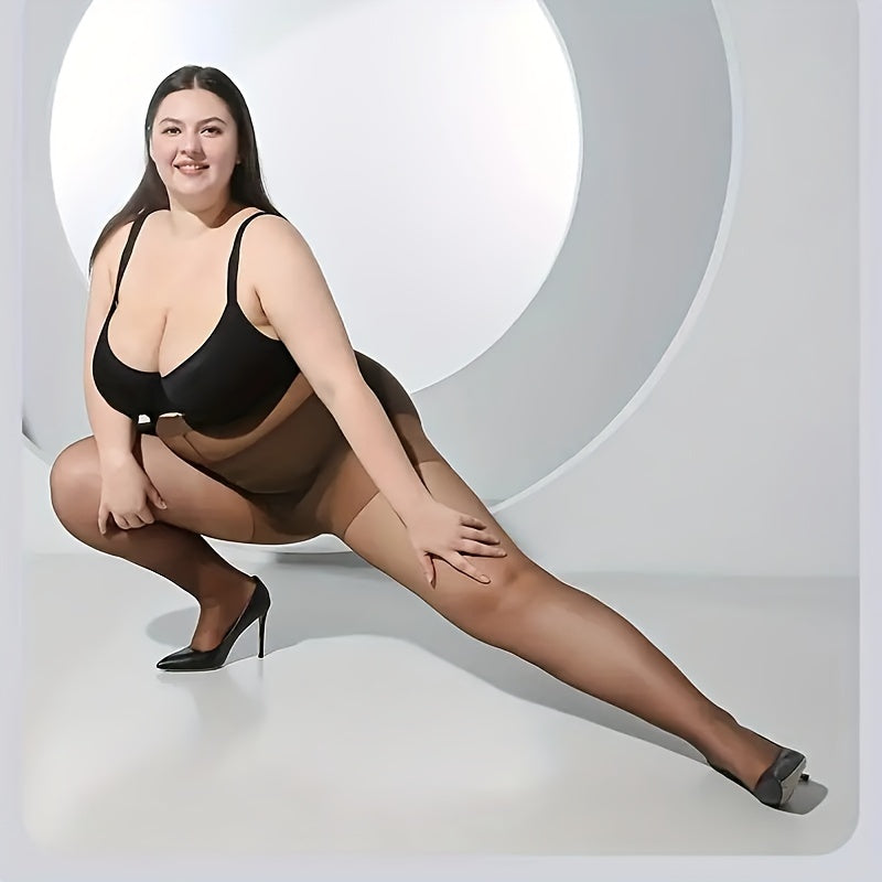 High-waist plus size pantyhose made of 89% nylon and 11% spandex. Knit fabric in solid color, thin and sheer. Anti-snag and hand washable. Fits sizes 0XL to 2XL.