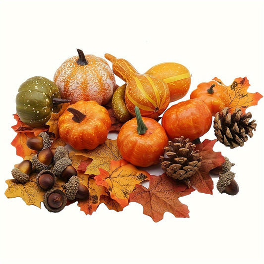 48 dona Kuzgi O'rim Dekor To'plami sun'iy qovoqlar, gourdlar, akorlar, xarqit yaproqlari va qarag'ay shishalari bilan birga, Thanksgiving, Halloween va to'y aksentlari uchun. Kuzgi uy dekoratsiyasi uchun mukammal.