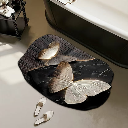 3D flower and butterfly pattern non-slip mat for bathroom, water-absorbent and quick-drying. Hand wash only, made of diatom mud material with rubber backing. Oval shape, machine made with