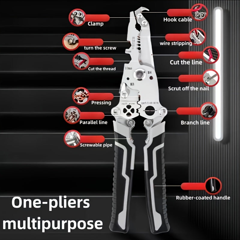 Multi-functional wire stripper tool for various tasks like stripping, cutting, wrenching, twisting, pulling nails, and using as a screwdriver. Features convenient storage and is ideal for