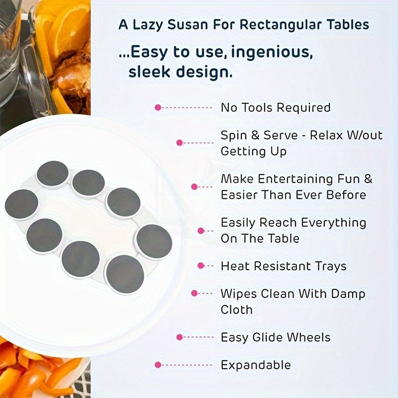 Set of 8 plastic lazy Susans, non-electric, rectangular table spinner plates. Portable and adjustable with a universal fit for use in kitchens and restaurants.