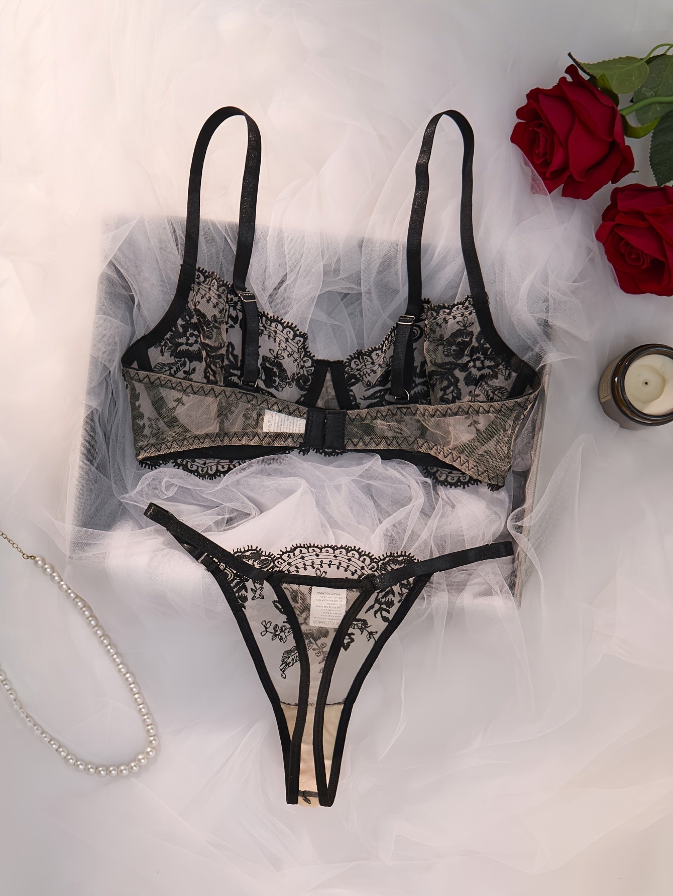 Fall and winter hot deal: Palace-style women's embroidered flower sexy set including single layer fishnet bra and thong, midnight passionary underwear set, and gathered thin bra and panties.