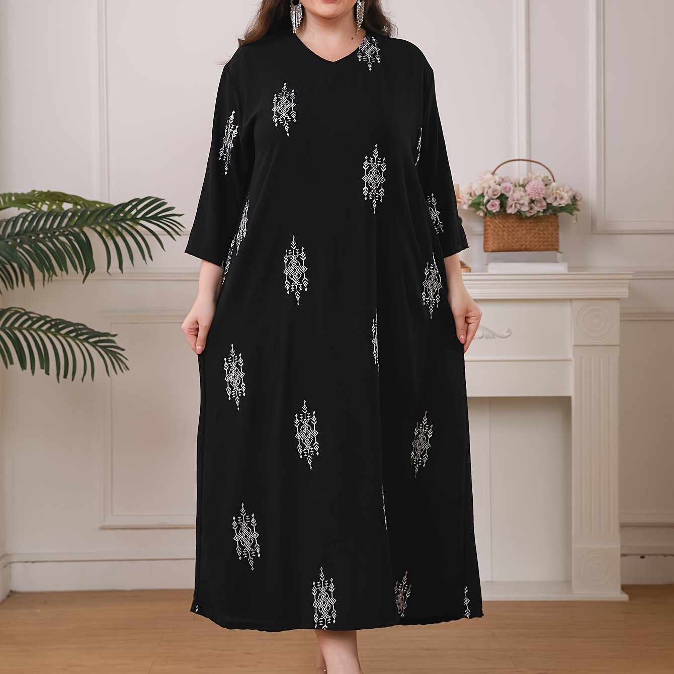 Stylish embroidered maxi dress with 3/4 sleeves, loose fit, woven polyester, machine washable, ideal for summer.