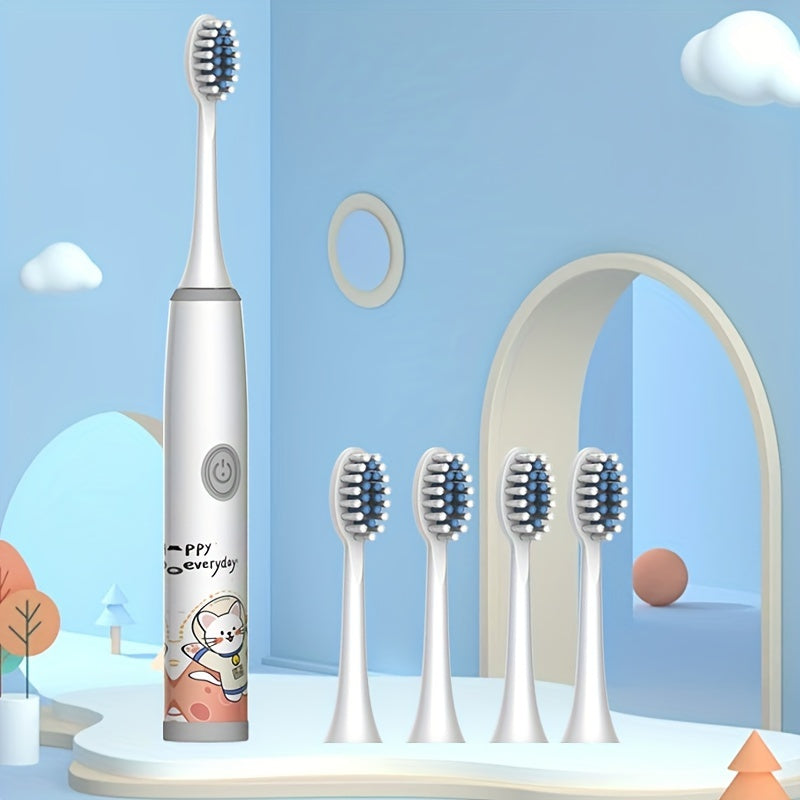 Children's Electric Toothbrush with 5 replacement brush heads in various colors. Suitable for kids aged 3-15, features soft bristles for gum protection and oral health care. Stylish