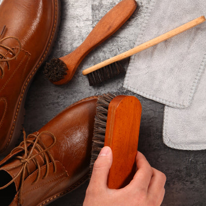 Horsehair cleaning brush set with wooden handle, soft bristles, reusable, no electricity required, multiple components for various cleaning tasks. Ideal for car interior, clothes