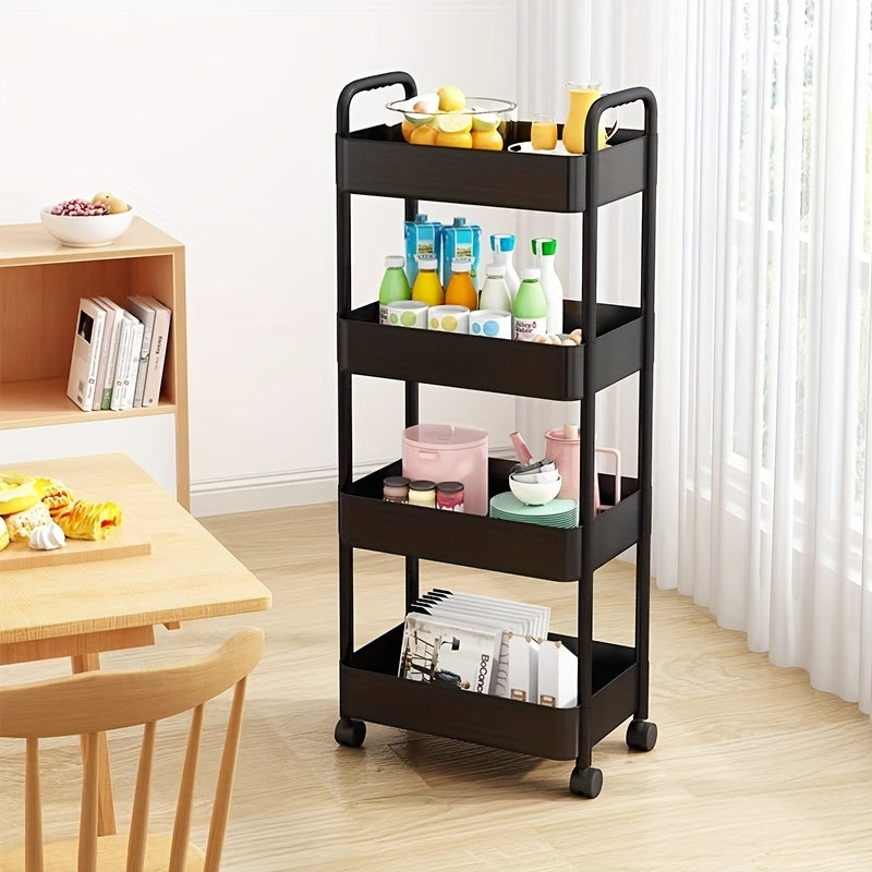 Multi-tier rolling utility cart with wheels, ideal for various spaces like kitchen, bathroom, bedroom, office.