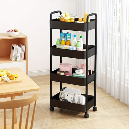 Multi-tier rolling utility cart with wheels, ideal for various spaces like kitchen, bathroom, bedroom, office.