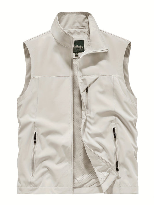 Men's sleeveless jacket with zipper pockets, stand collar vest for outdoor activities in spring, summer, and fall.