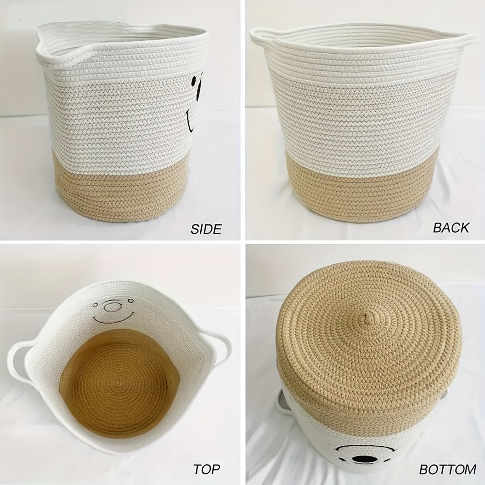 Large cotton rope gift storage basket with handles, white and khaki gift organizer for Christmas, Halloween, Thanksgiving, Valentine's Day, and Easter gifts.