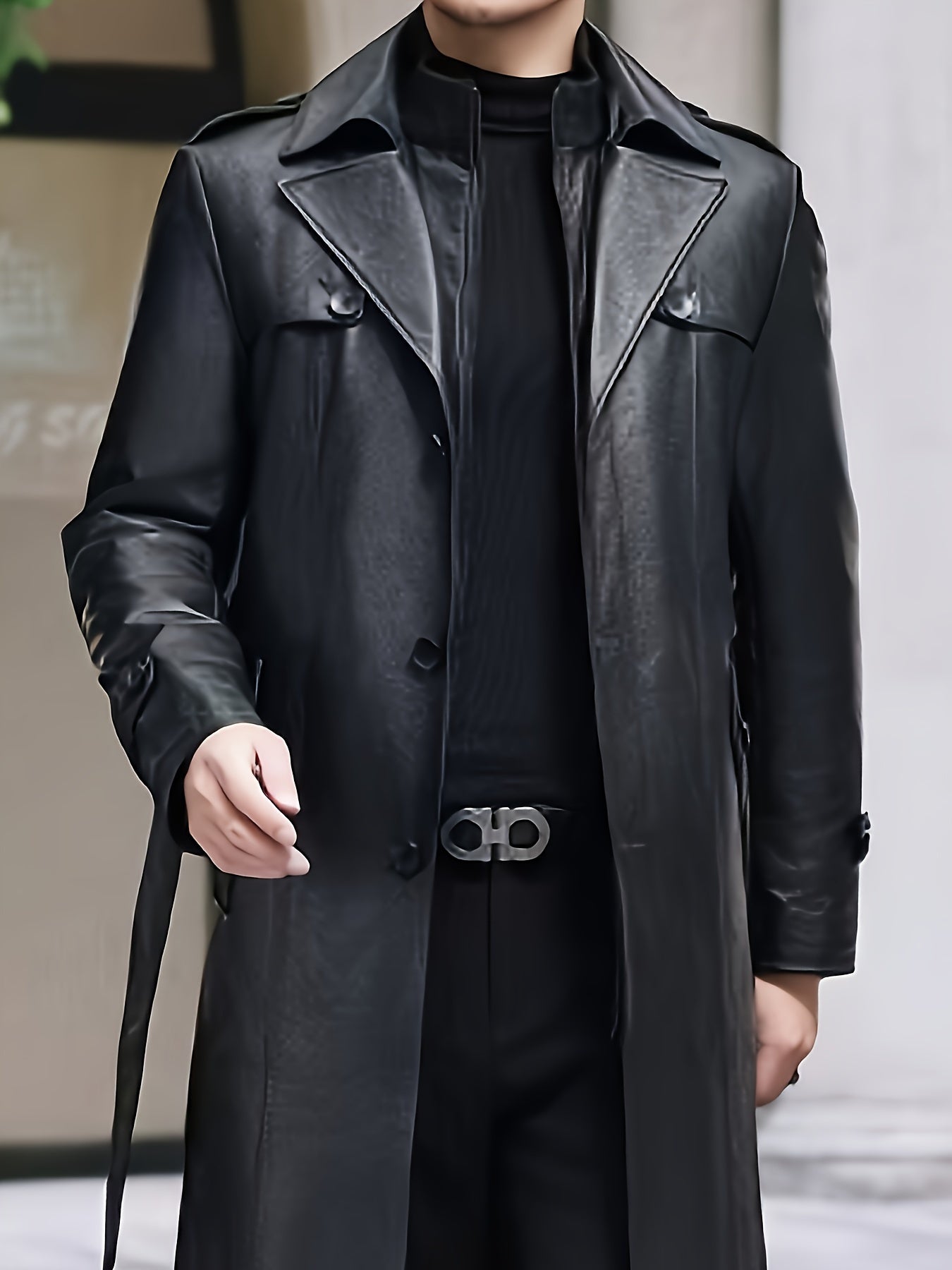 Plus-size men's mid-length PU overcoat for casual outings, warm for late autumn and winter.