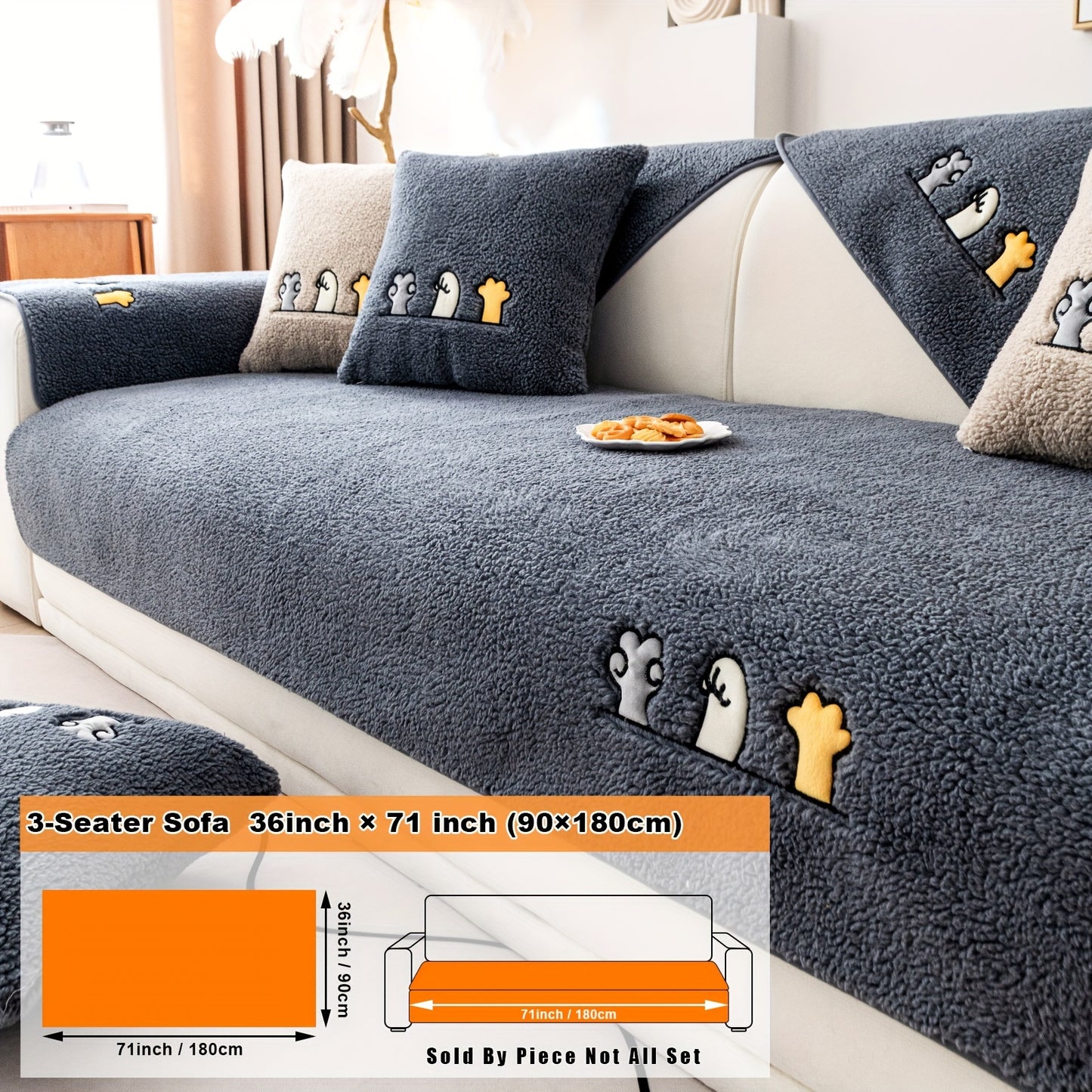 Modern plush sofa cover with paw pattern embroidery, non-slip protection for sofas, machine washable and suitable for various types of furniture.