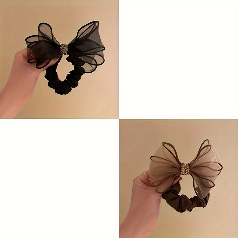 Vintage Polyester Rhinestone Mesh Bow Hair Ties, Set of 1/2/3, Elastic, for Women.