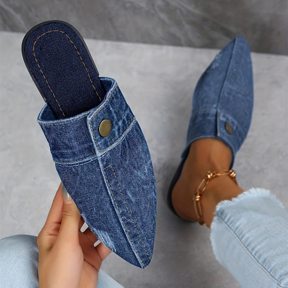 Women's Denim Flat Mules with Pointed Toe for Casual Outdoor Wear