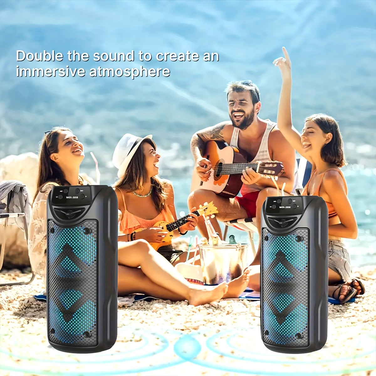 Portable wireless outdoor speaker with RGB lighting, USB & TF card support, high-capacity battery, stereo sound, button controls, ideal for camping & home parties, durable ABS resin