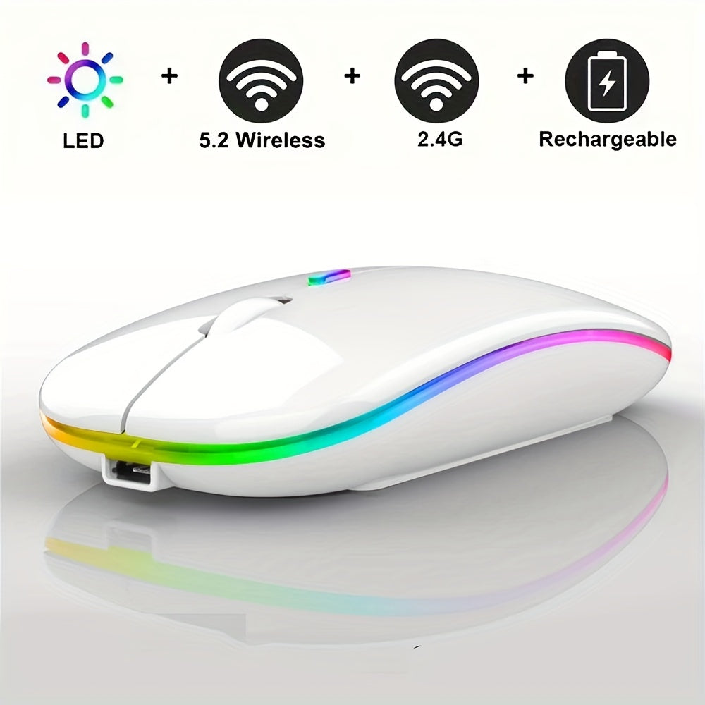 Rechargeable wireless gaming mouse with LED backlight, dual-mode 2.4G/5.2, slim design for laptops and desktops.