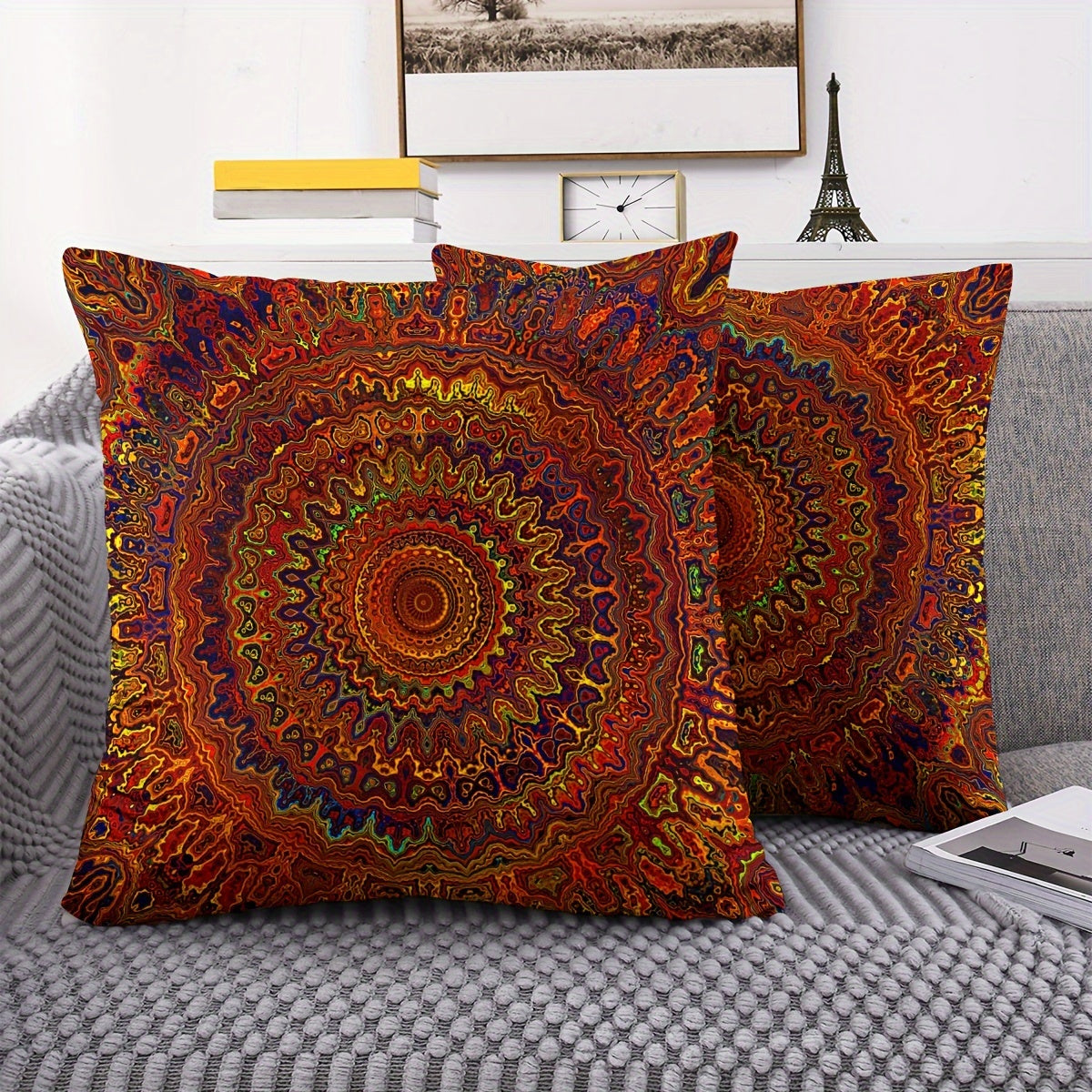 Red Fantasy Golden Mandala Bohemian Style Pillow Cover, 2pcs, Short Plush Fabric, Double-sided Printing, 45.72cm x 18in, Modern Art Style, Home Decoration (Pillow core not included)