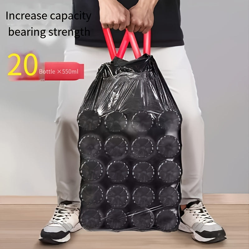 100 count heavy duty black trash bags with drawstrings, leak-proof, privacy-opaque, disposable plastic liners. Suitable for yard, industrial, construction, bathroom, and food waste disposal