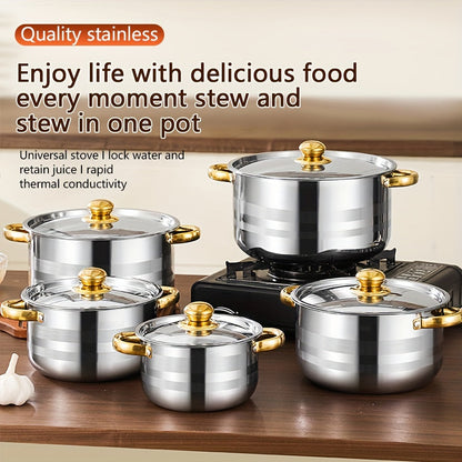 Set of 10 stainless steel saucepans with lids, suitable for induction cooking. The pots are dishwasher safe, have double handles, and can be used for cooking soup, stew, pasta, and seafood. This multipurpose cookware set is perfect for use at home, in