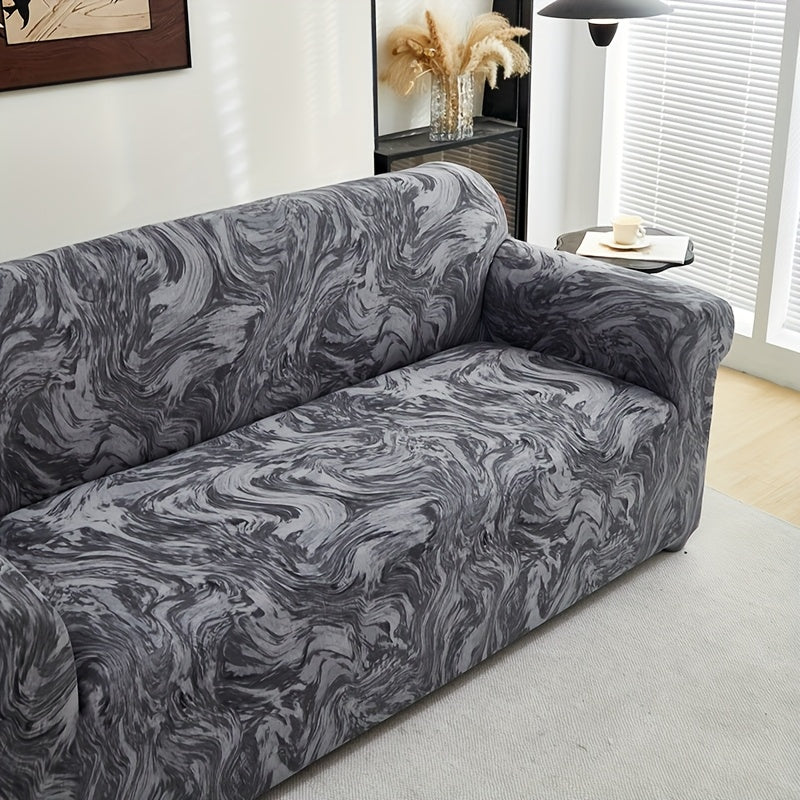 All-season sofa cover with stretchable fabric and anti-slip stick. Features modern print design, machine washable and fits single to four-seater sofas. Anti-dirt and dust-proof.