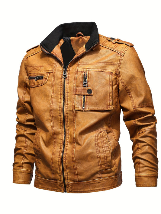 Men's Retro Motorcycle PU Jacket with Long Sleeves, Zipper, and Multi-Pockets, Perfect for Autumn and Winter.