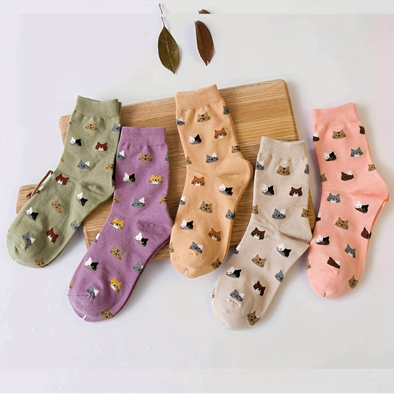 5 Cute Cat Cartoon Socks for Women - Cozy Mid-Calf, Mixed Colors, Ideal for Fall & Winter