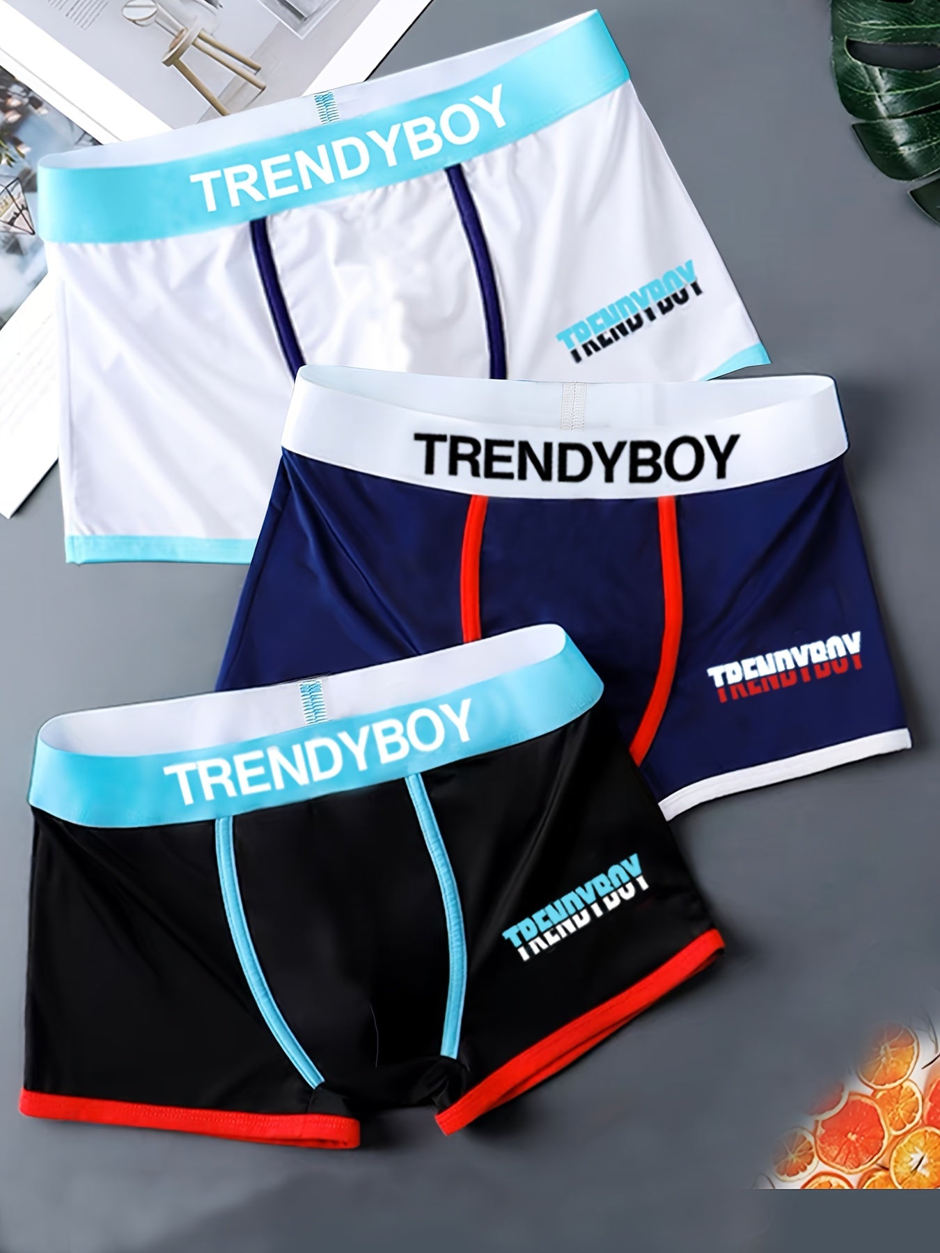 TrendyBoy Men's Boxer Briefs 3-Pack - Soft polyester knit with stretch, alphabet pattern and patched details, 95% polyester, 5% elastane