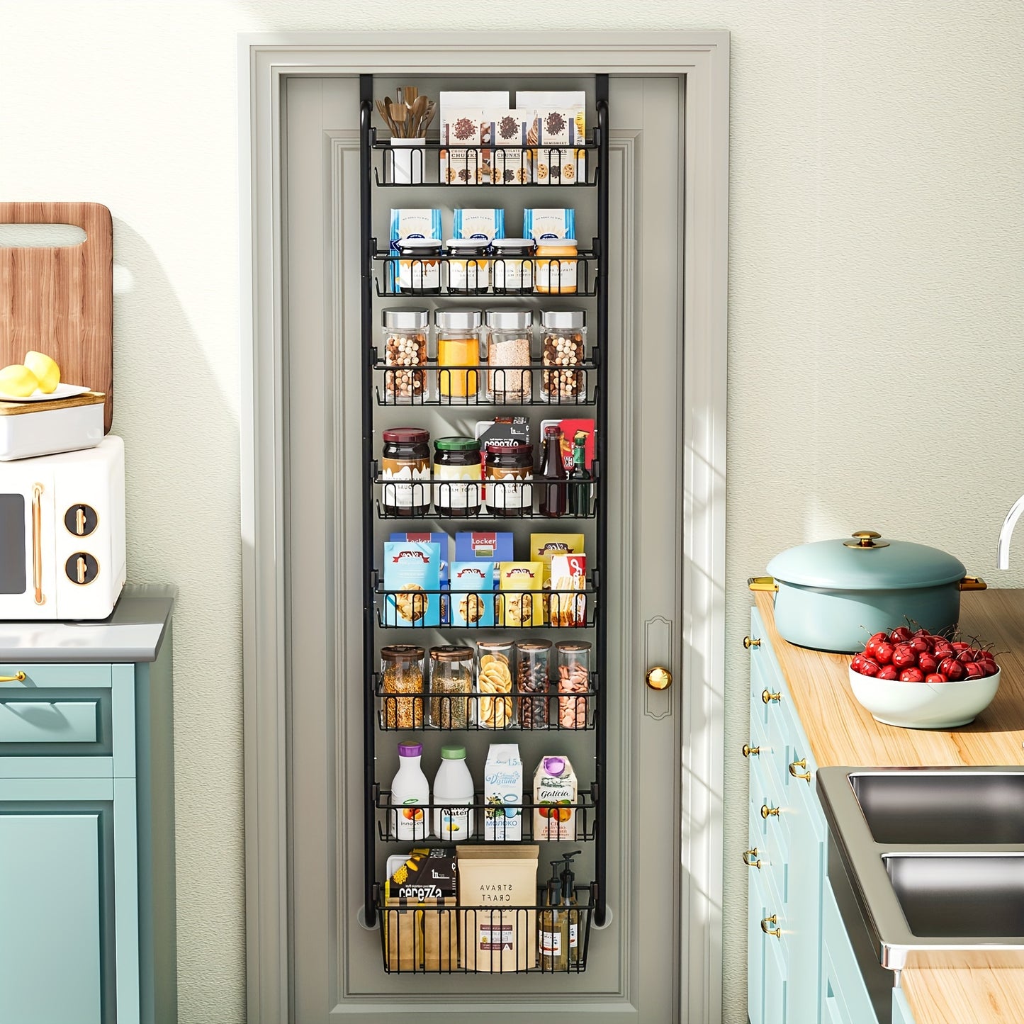 1pc Classic Black Metal Over-the-Door Pantry Organizer with 6-Tier Heavy-Duty Storage Rack for Easy Kitchen Essentials Organization.