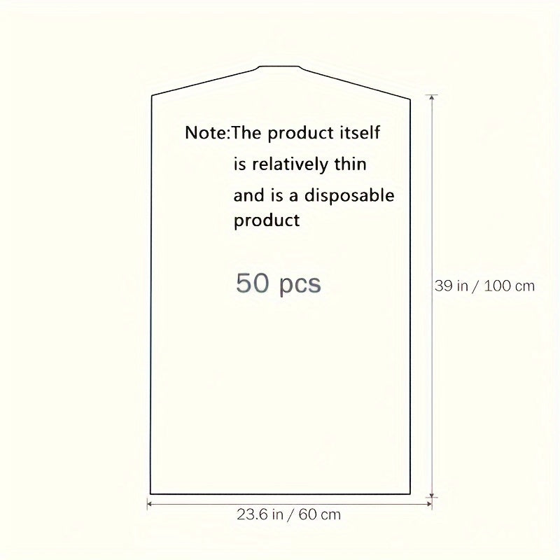 50 clear plastic garment bags for hanging storage, ideal for keeping your clothing dust-free and organized in the bedroom or home. Perfect for essential storage needs.